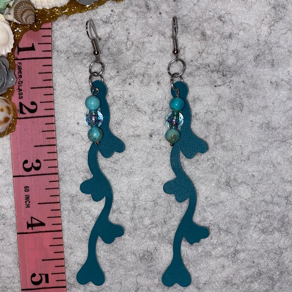 Teal Vine Beaded Leather Earrings